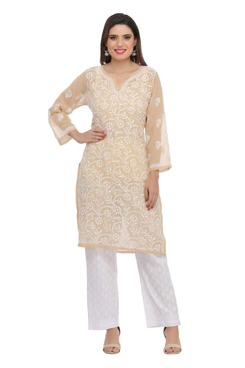 Ada Hand Embroidered Indian Chikankari Women's Georgette Kurti Kurta with Slip A90352,XS, Fawn - Image 1